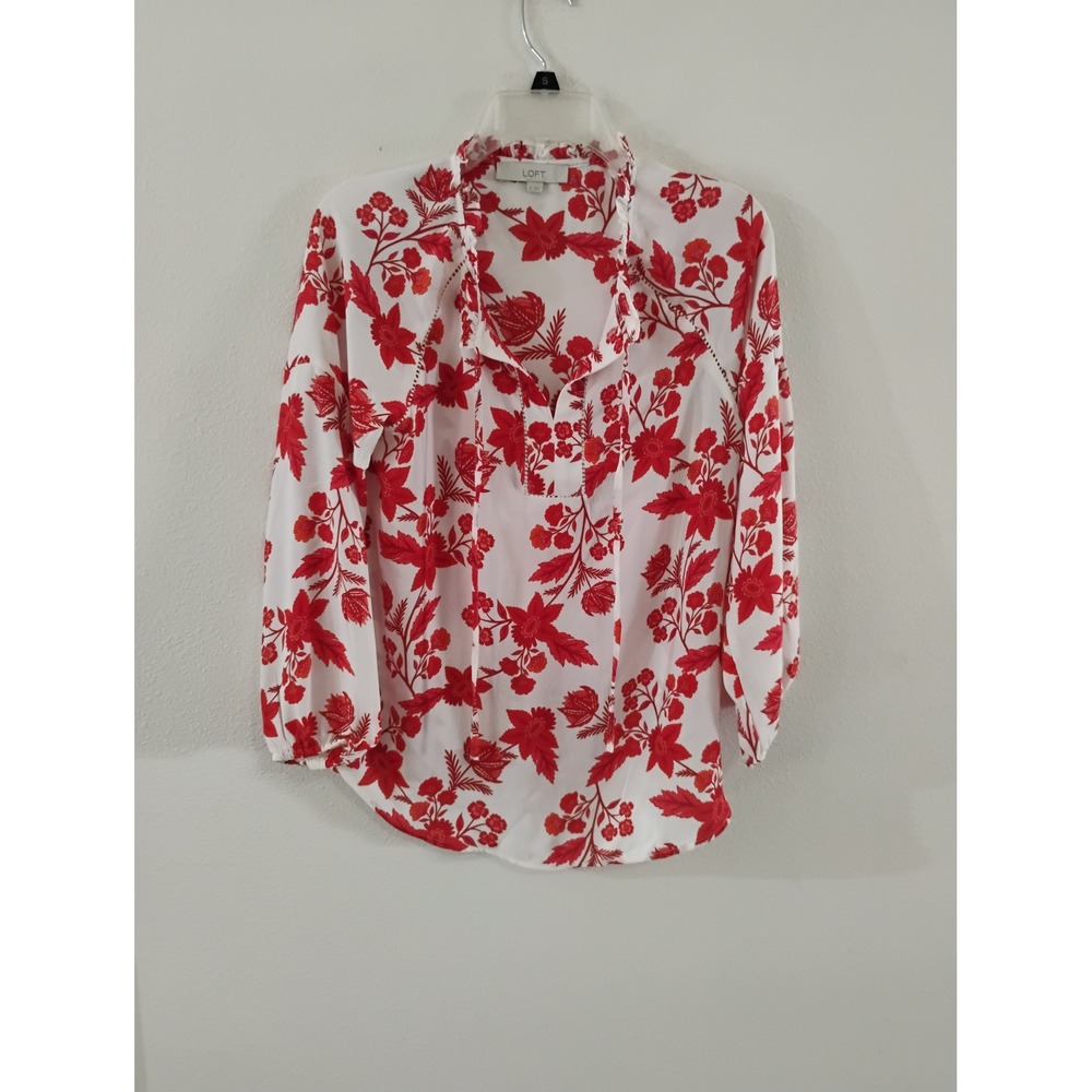 Loft Red White Floral Ruffle Neck Tie Blouse Top Small Womens Long Sleeve